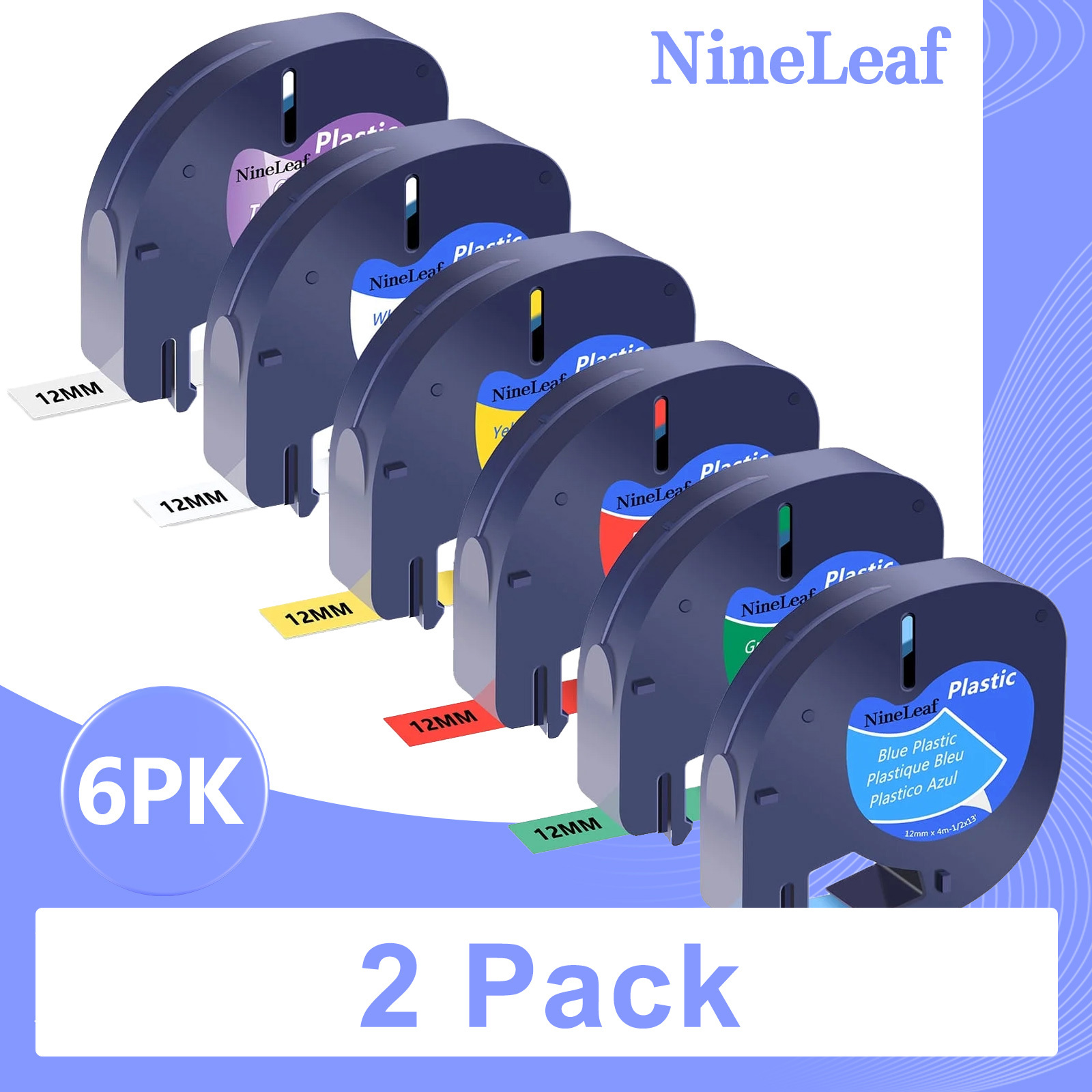 (2 pack) NineLeaf 6PK Compatible for DYMO LetraTag Refills 12mm 1/2'' Black on White/Clear/Red/Blue/Yellow/Green Plastic Label Maker Tape