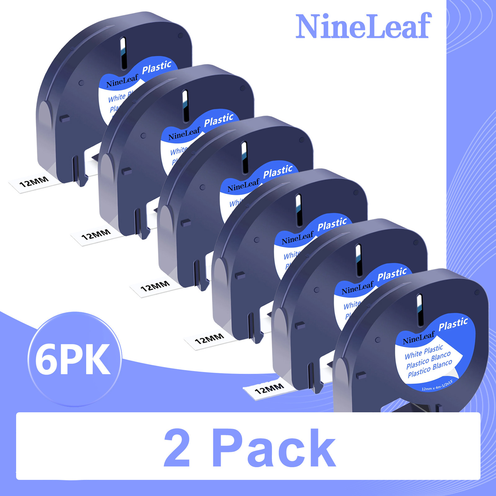 (2 pack) NineLeaf 6PK Compatible for DYMO LetraTag Refills 91331 12mm 1/2'' Black on White Plastic Label Maker Tape