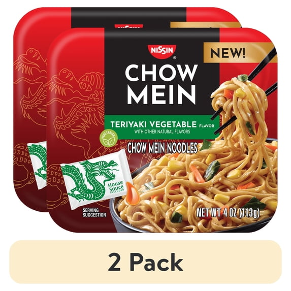 (2 pack) Nissin Foods Chow Mein Instant Noodles, Teriyaki Vegetable Flavor, 4.0 oz Tray, Shelf-Stable