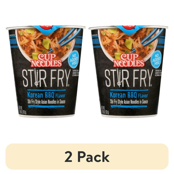 (2 pack) Nissin Foods Cup Noodles Stir Fry Ramen Noodles, Korean BBQ Flavor, 2.89 oz Cup, Shelf-Stable