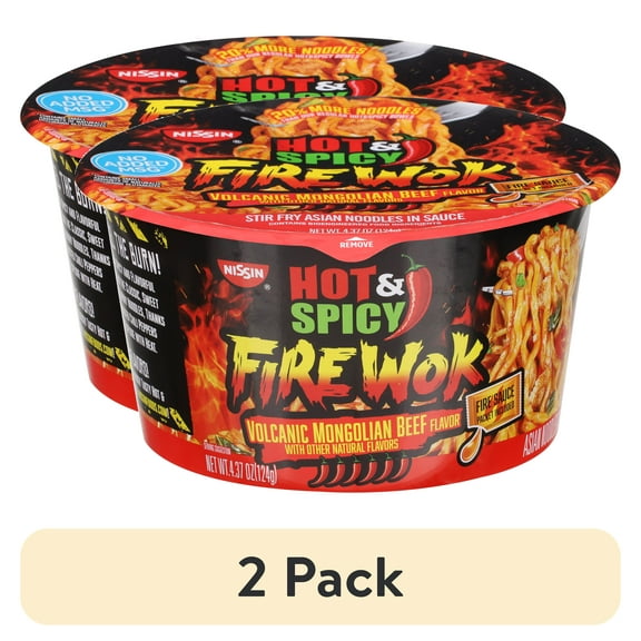 (2 pack) Nissin Foods Hot & Spicy Fire Wok Asian Noodles Soup, Volcanic Mongolian Beef Flavor, 4.37 oz Bowl, Shelf-Stable