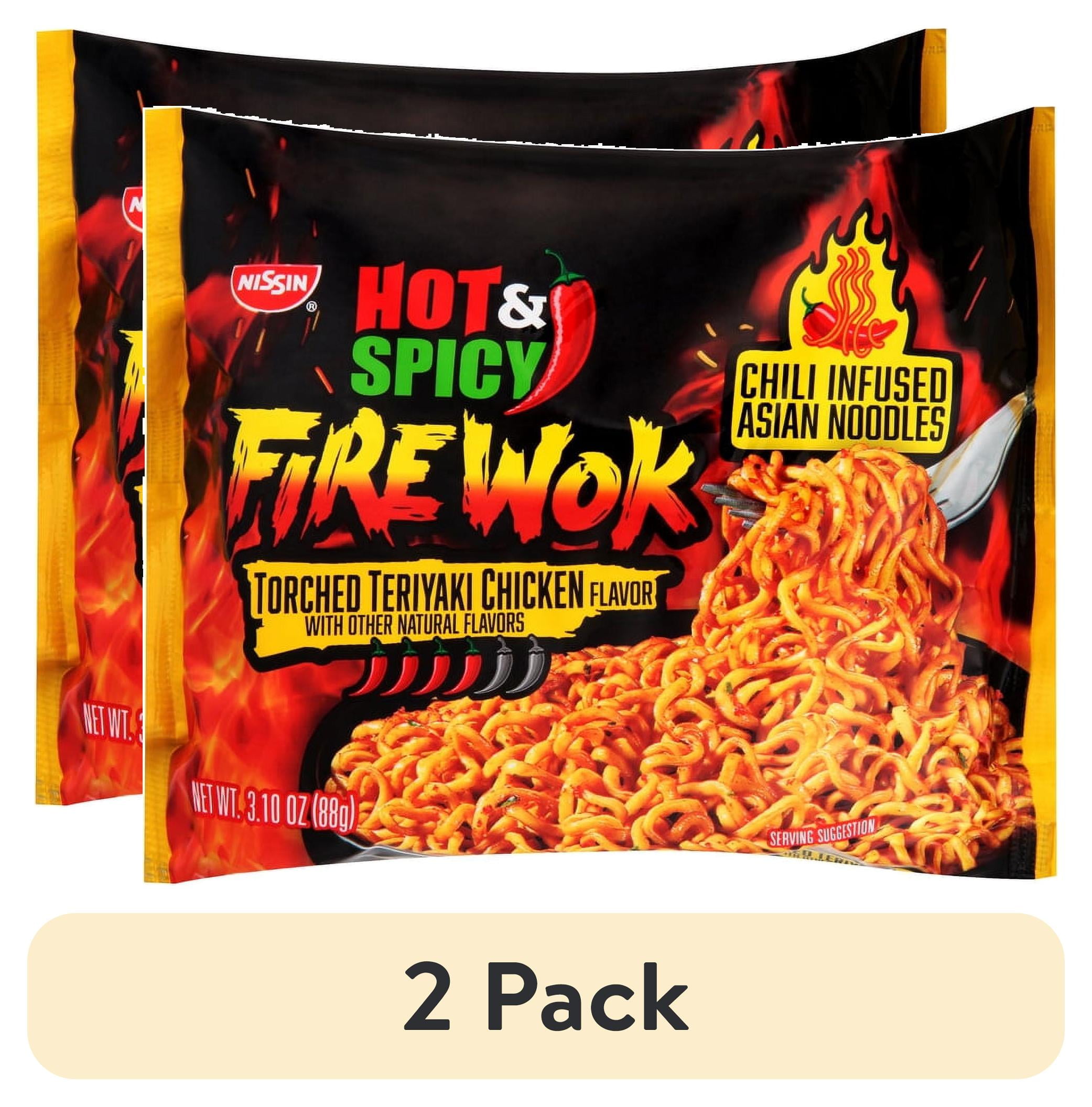 (2 pack) Nissin Foods Hot & Spicy Fire Wok Chili-Infused Asian Noodles, Torched Teriyaki Chicken Flavor, 3.10 oz Bag, Shelf-Stable