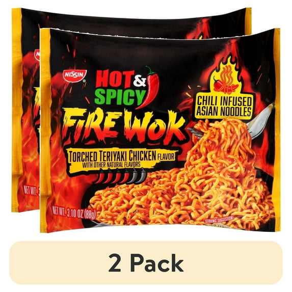 (2 pack) Nissin Foods Hot & Spicy Fire Wok Chili-Infused Asian Noodles, Torched Teriyaki Chicken Flavor, 3.10 oz Bag, Shelf-Stable