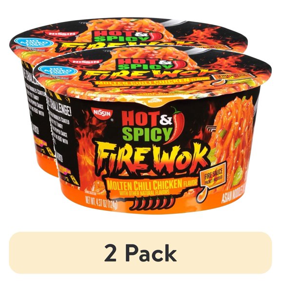 (2 pack) Nissin Foods Hot & Spicy Fire Wok Stir Fry Asian Noodles, Molten Chili Chicken Flavor, 4.37 oz Bowl, Shelf-Stable
