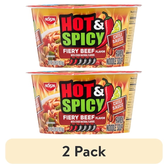 (2 pack) Nissin Foods Hot & Spicy Ramen Noodle Soup, Fiery Beef Flavor, 3.28 oz Bowl, Shelf-Stable