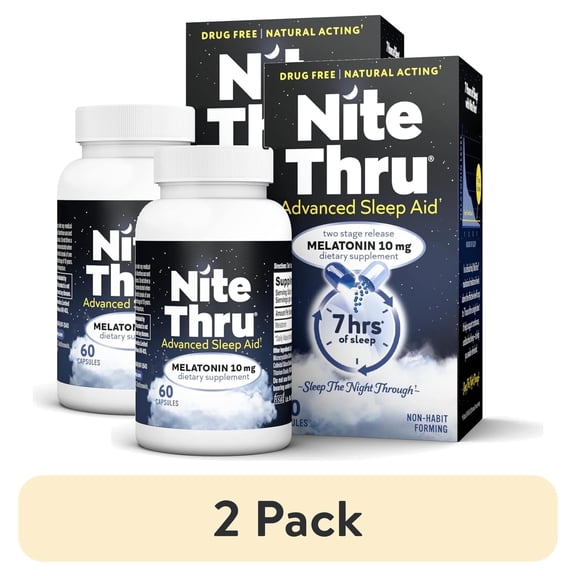 (2 pack) NiteThru Advanced Sleep Aid Melatonin Dietary Supplement, 10mg Capsules, 60 Count