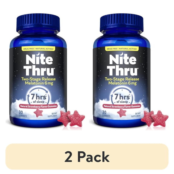 (2 pack) NiteThru Melatonin Two-Stage Sleep Aid Gummy, Strawberry, 6mg, 30 Ct