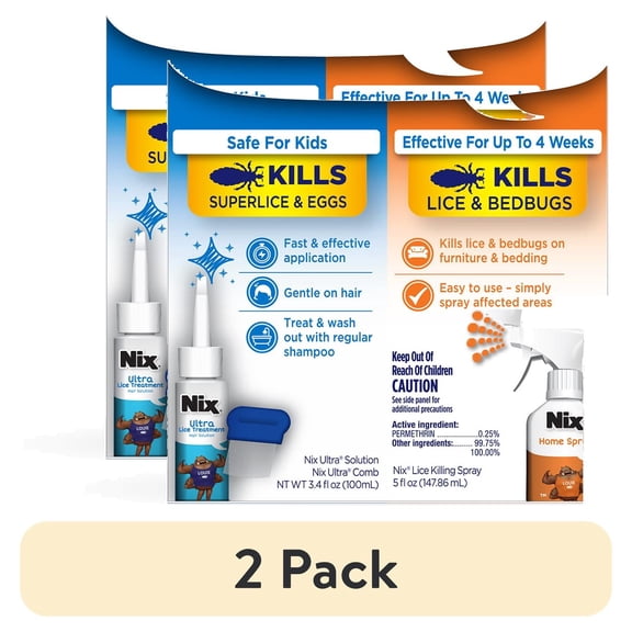 (2 pack) Nix Ultra Lice Removal Kit, 3.4oz Lice Treatment Hair Solution & Comb + 5oz Home Bedbug Spray, 1 Kit