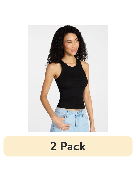 (2 pack) No Boundaries Ribbed High Neck Tank Top, Women's XXS-XXL