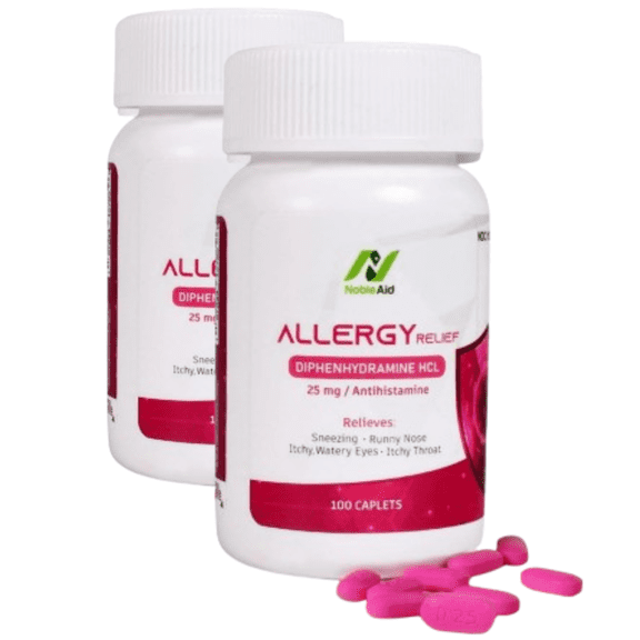 (2 pack) NobleAid Antihistamine Allergy Relief Tablets 25mg Diphenhydramine HCl Decongestant, 100 Counts