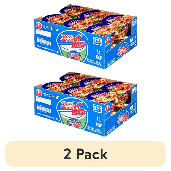 (2 pack) Nongshim Bowl Noodle Hot & Spicy Ramen Noodle Soup Bowl, 3.03oz X 12, Shelf-Stable