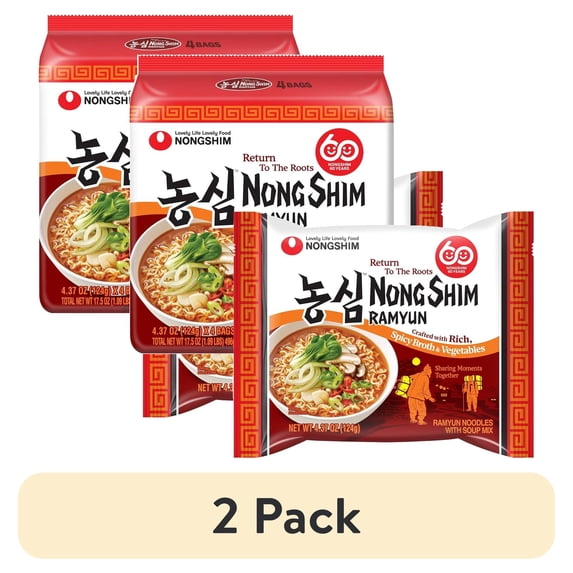 (2 pack) Nongshim Ramyun Noodles, Rich Spicy Vegetable Broth, Korean Classic Recipe, Deeply Simmered, Quick & Easy, Pantry Staples, 4.37 oz (Pack of 4)