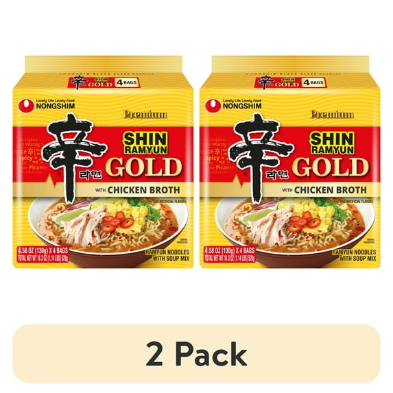 (2 pack) Nongshim Shin Gold Spicy Chicken Broth Ramyun Premium Ramen Noodle Soup Pack, 4.58oz X 4 Count, See Item for Allergens