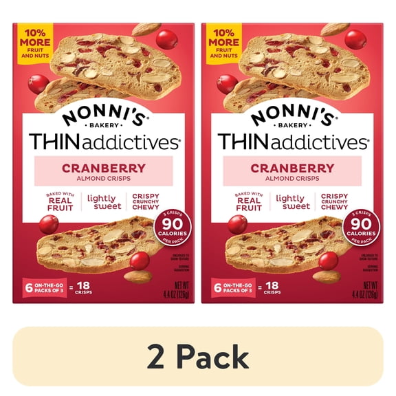(2 pack) Nonni's THINaddictives Cranberry Almond Thin Cookies, 18 Count - 6 packs of 3 Cookies, 4.4 oz. Individually Wrapped. Artisan Baked.
