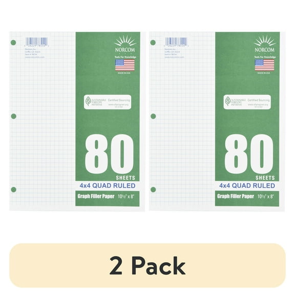 (2 pack) Norcom Filler Paper, Graph Ruled 4x4, 80 Pages, 8" x 10.5", 78554