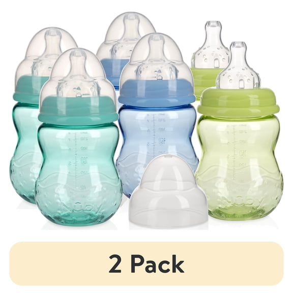 (2 pack) Nuby Non-Drip Wide Neck Baby Bottle, 8 fl oz, 3 Count Multicolor Bottles