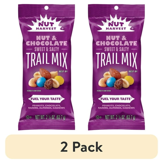 (2 pack) Nut Harvest Trail Mix Nut & Chocolate Sweet & Salty Flavor Snack Mix, 2.25 oz Bag Single Pack