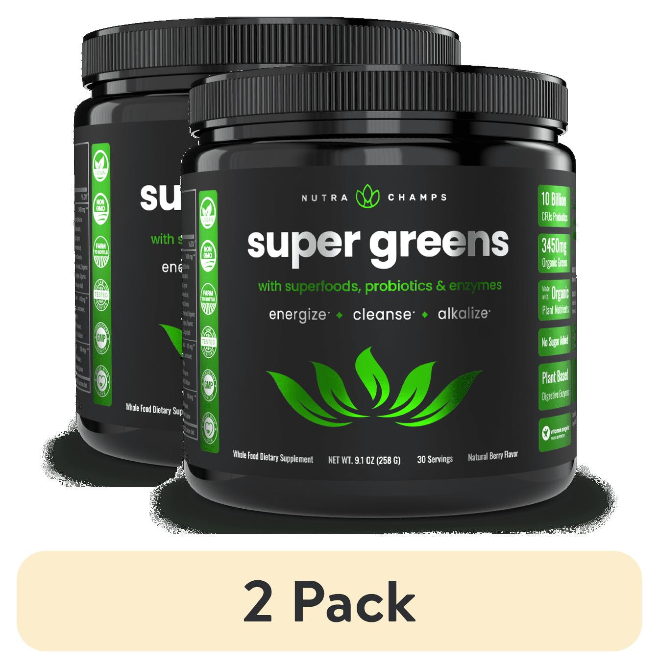 (2 pack) NutraChamps Super Greens Powder Premium Superfood | 20+ Organic Green Veggie Whole Foods | Wheat Grass, Spirulina, Chlorella & More | Antioxidant, Digestive Enzyme & Probiotic Blends