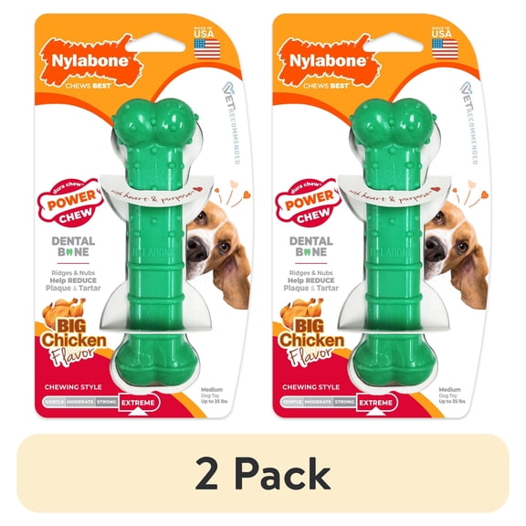 (2 pack) Nylabone Power Chew Textured Bone Dog Toy, Dog Chew Toy, Chicken Flavor, Medium, 1 Count