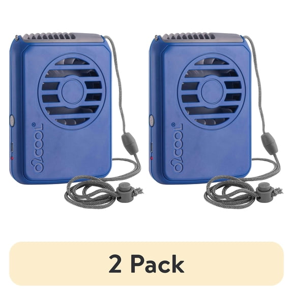 (2 pack) O2COOL 2" Rechargeable 3 Speed Personal Necklace Fan with Adjustable Lanyard, Blue