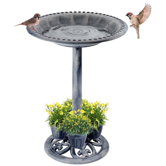 (2 pack) OBENSKY Bird Bath With 4 Planters 28" Height Pedestal Antique Outdoor Garden Decor Vintage Yard Art (Gray)