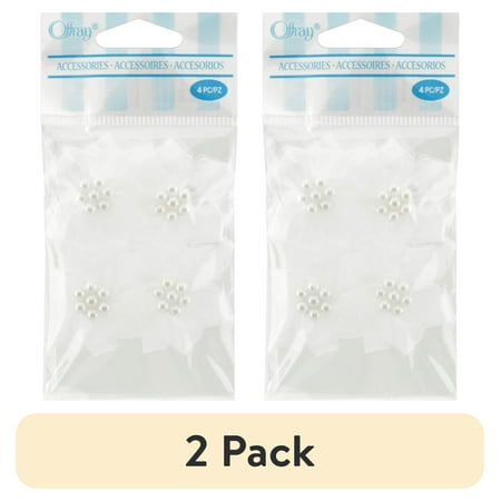 (2 pack) OFFRAY Accessories, White Sheer Petal Flower with Pearl Accessory, 4 Count, 1 Package