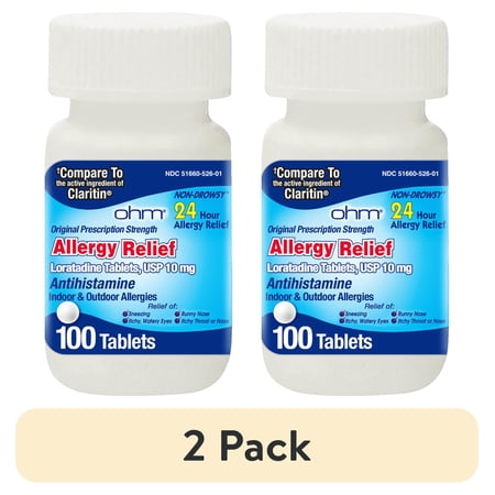 (2 pack) Ohm Loratadine Allergy Relief Tablets, 10 mg Antihistamine, Non-Drowsy 24-Hour Relief for Sneezing & Seasonal Allergies, 100 Count