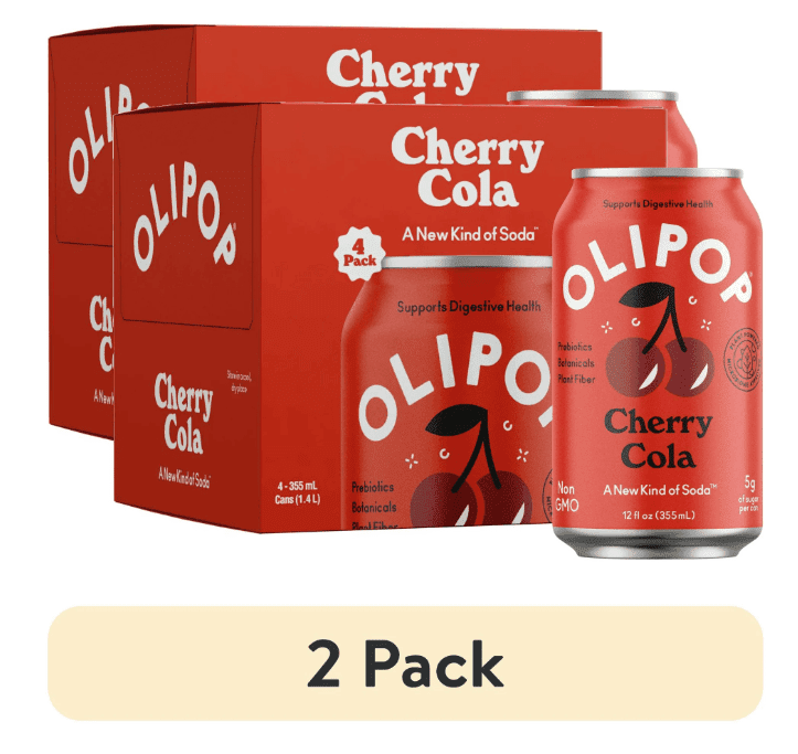 (2 pack) OLIPOP Prebiotic Soda, Cherry Cola, 12 fl oz, 4 Pack, Pantry Packs