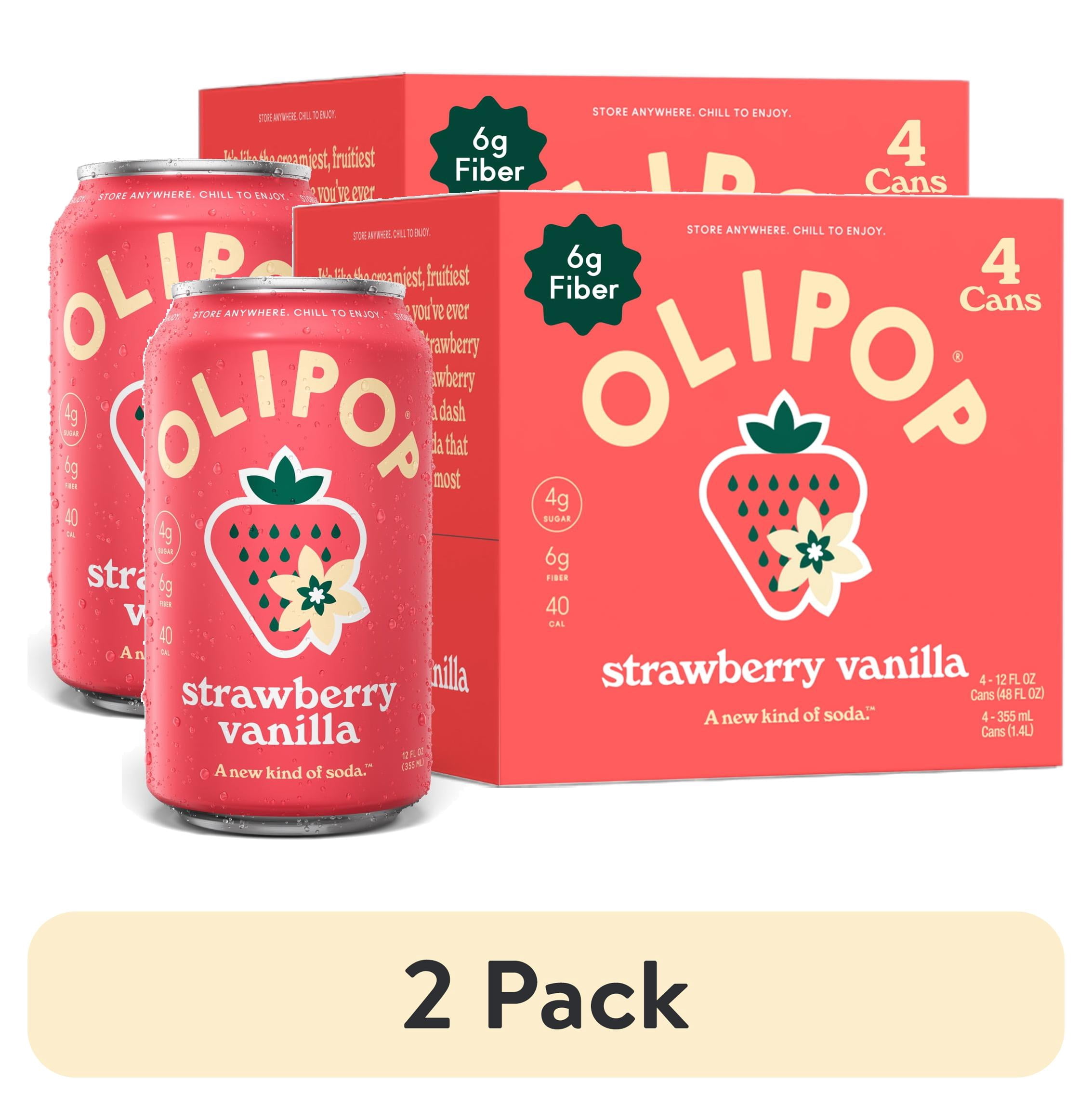 (2 pack) OLIPOP Prebiotic Soda, Strawberry Vanilla, 12 fl oz, 4 Pack, Pantry Packs
