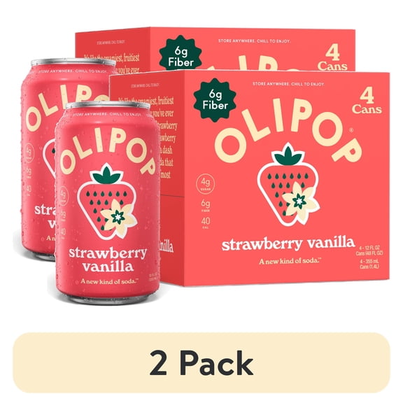 (2 pack) OLIPOP Prebiotic Soda, Strawberry Vanilla, 12 fl oz, 4 Pack, Pantry Packs