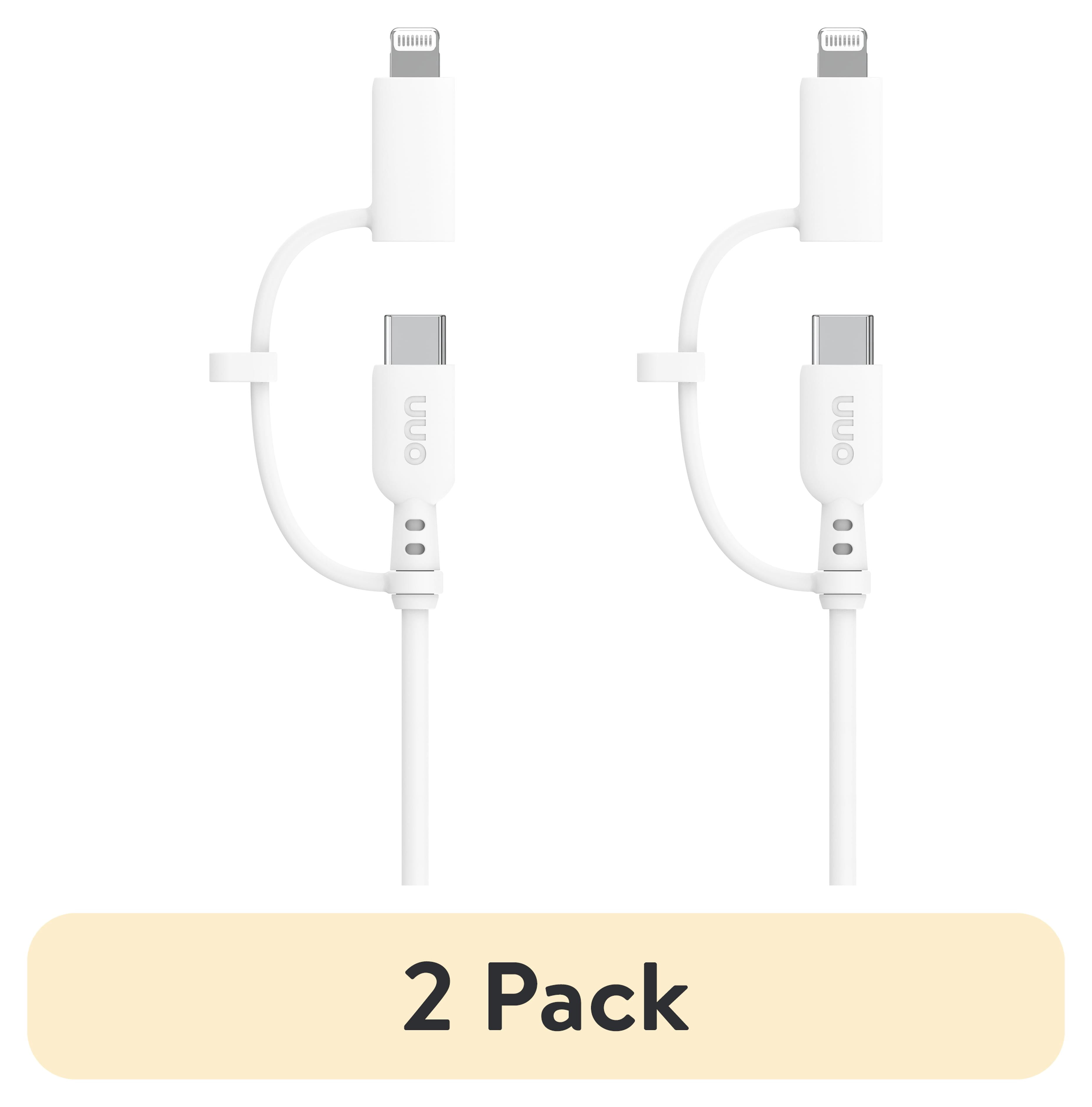(2 pack) onn 3ft 2-in-1 Charging Cable with USB-C and Lightning Connectors, MFi Certified, White - Compatible with iPhone, Samsung, Pixel, iPad Pro
