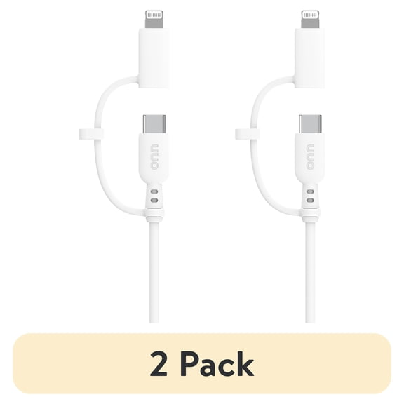 (2 pack) (2 pack) onn 3ft 2-in-1 Charging Cable with USB-C and Lightning Connectors, MFi Certified, White - Compatible with iPhone, Samsung, Pixel, iPad Pro
