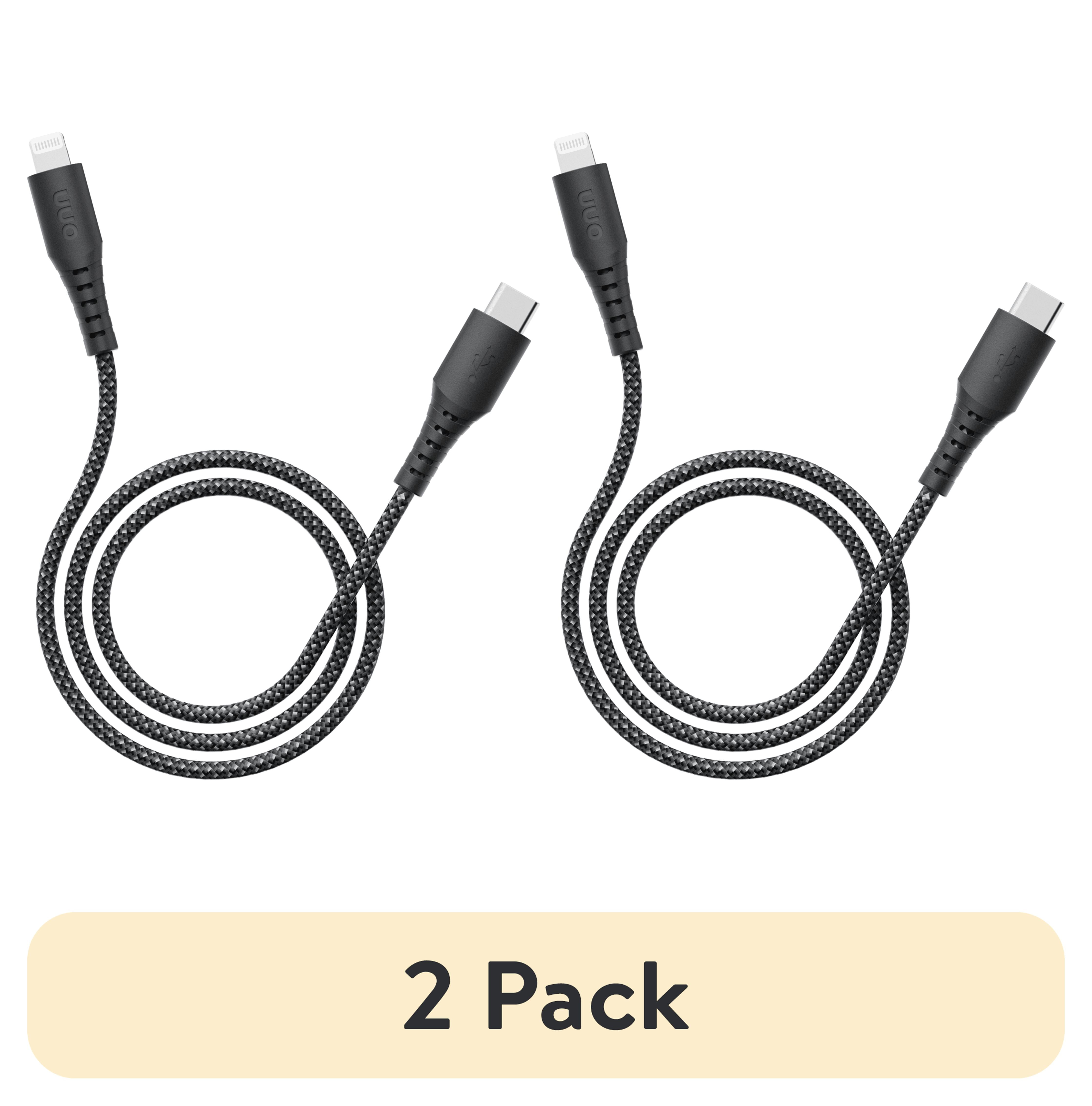 (2 pack) onn 6ft Lightning to USB-C Soft-touch Braided Charging Cable, MFi Certified, Fast Charging, Black