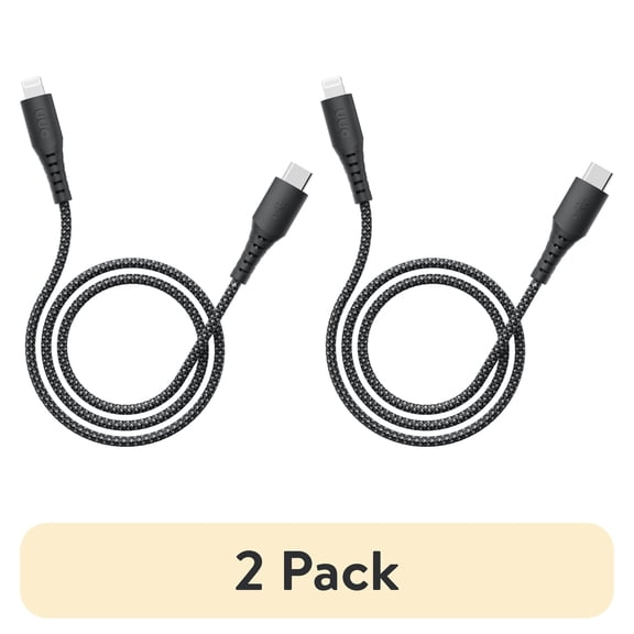 (2 pack) onn 6ft Lightning to USB-C Soft-touch Braided Charging Cable, MFi Certified, Fast Charging, Black