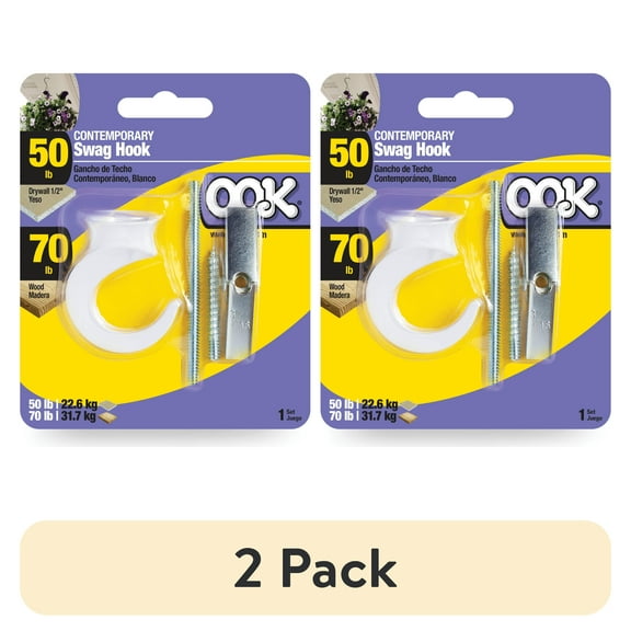 (2 pack) Ook Contemporary Swag Hook, Screw Hook 50 lbs, Steel, White, for Drywall and Wood, 1 pack