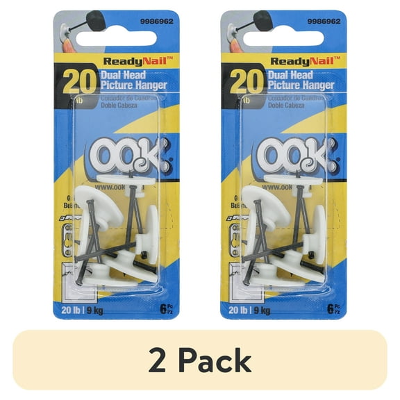 (2 pack) Ook Dual Head Picture Hanger, ReadyNail 20 lbs, Steel, White, for Drywall, Plaster and Wood, 6 pack