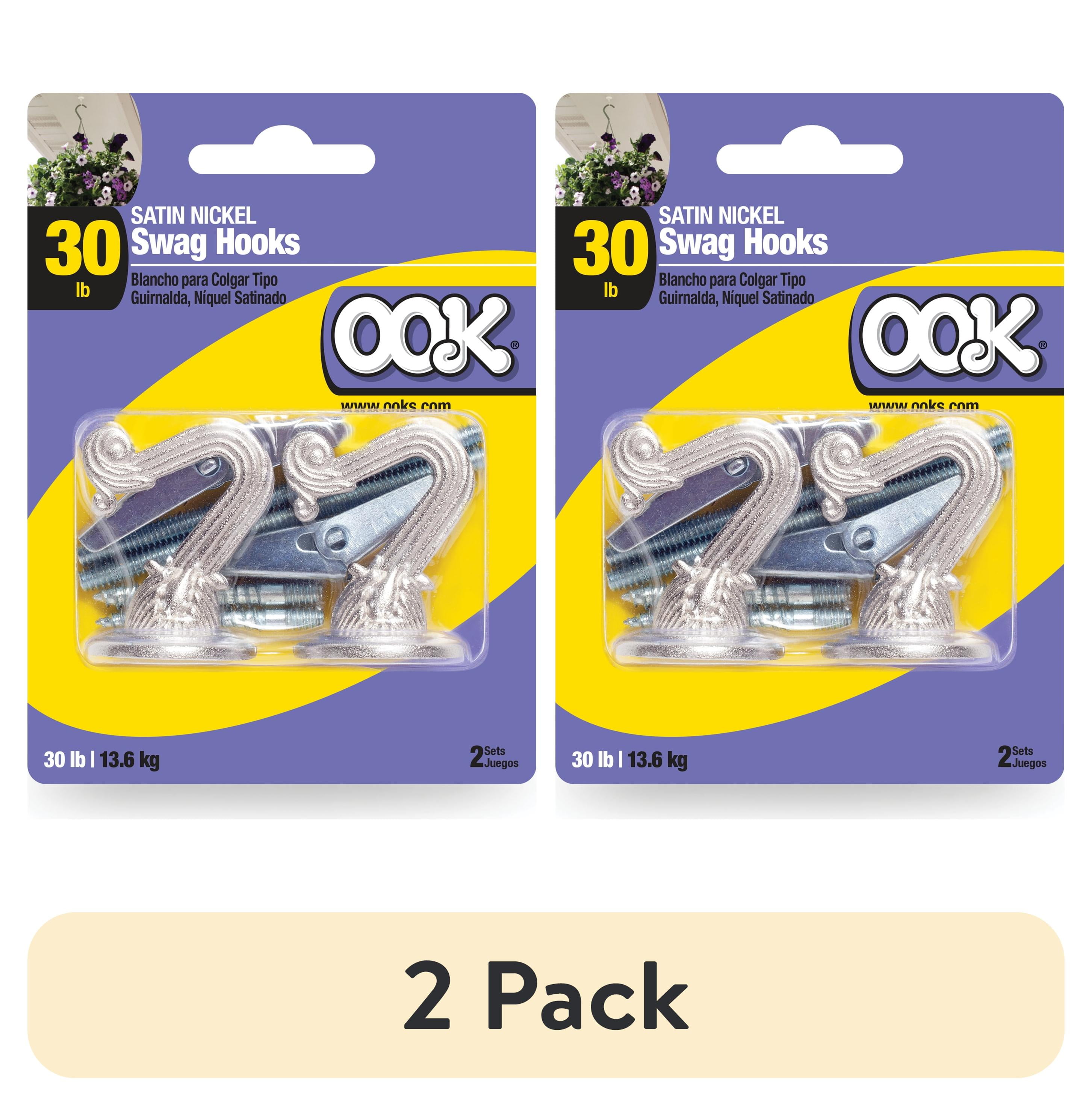 (2 pack) Ook Swag Hook, Screw Hook 30 lbs, Steel, Nickel, Silver, for Drywall and Wood, 2 pack