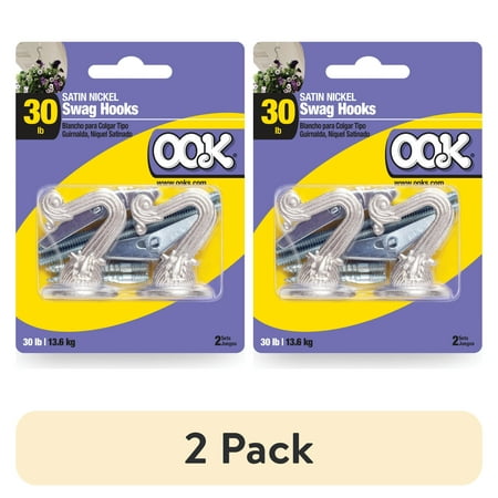 (2 pack) Ook Swag Hook, Screw Hook 30 lbs, Steel, Nickel, Silver, for Drywall and Wood, 2 pack