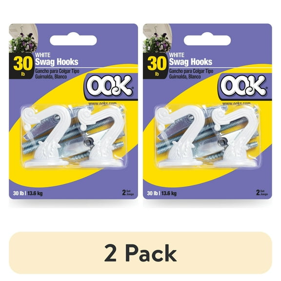 (2 pack) Ook Swag Hook, Screw Hook Small, 30 lbs, Steel, White, White, 2 pack