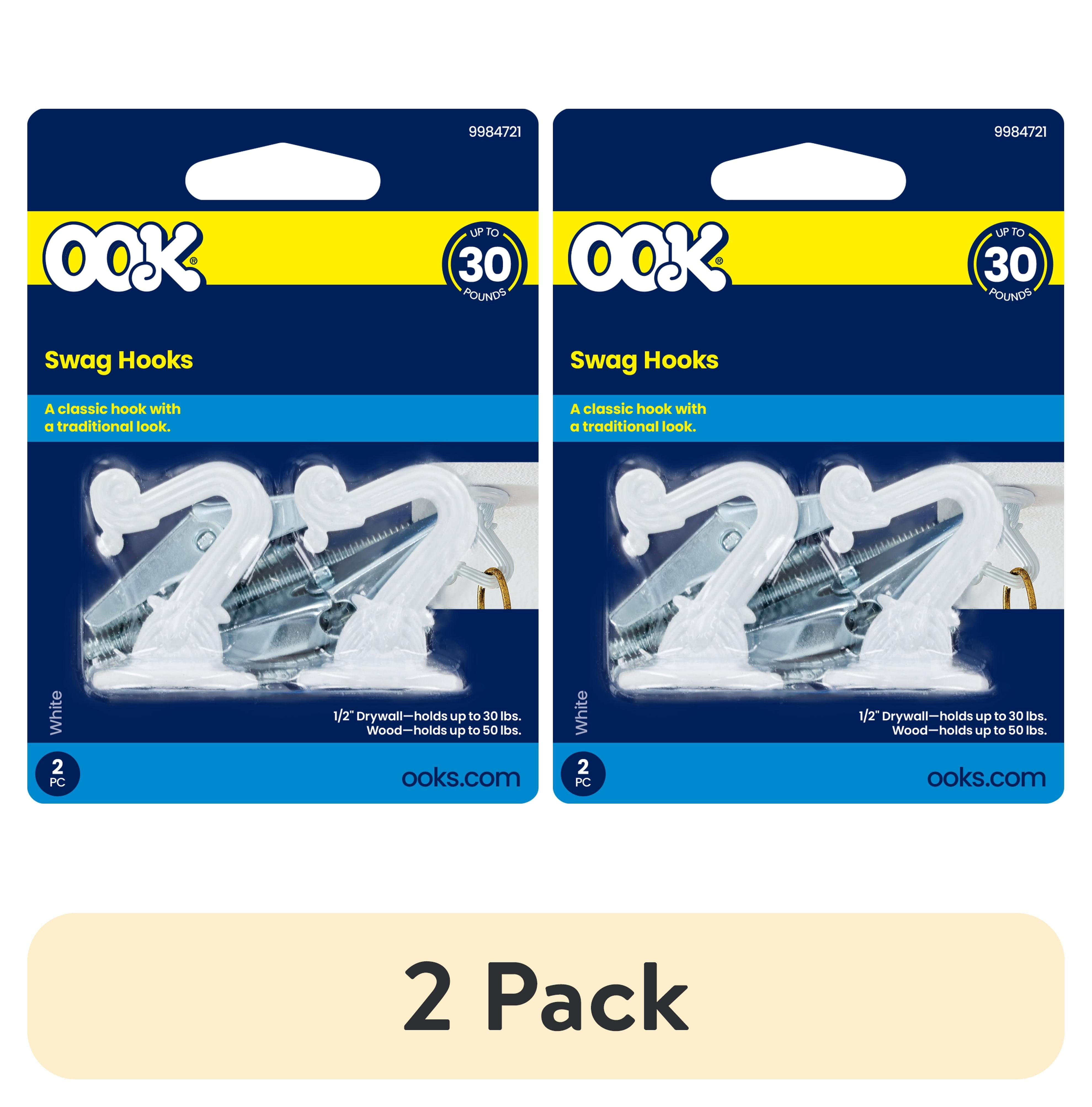 (2 pack) Ook Swag Hook, Screw Hook Small, 30 lbs, Steel, White, White, 2 pack