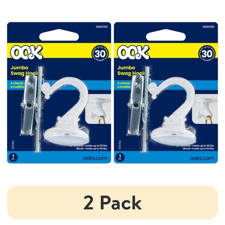 (2 pack) Ook Jumbo Swag Hook, Screw Hook 30 lbs, Steel, White, for Drywall and Wood, 1 pack