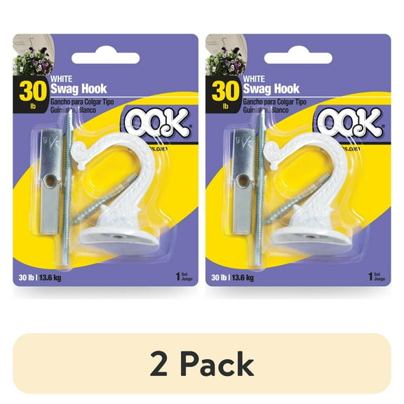 (2 pack) Ook Jumbo Swag Hook, Screw Hook 30 lbs, Steel, White, for Drywall and Wood, 1 pack