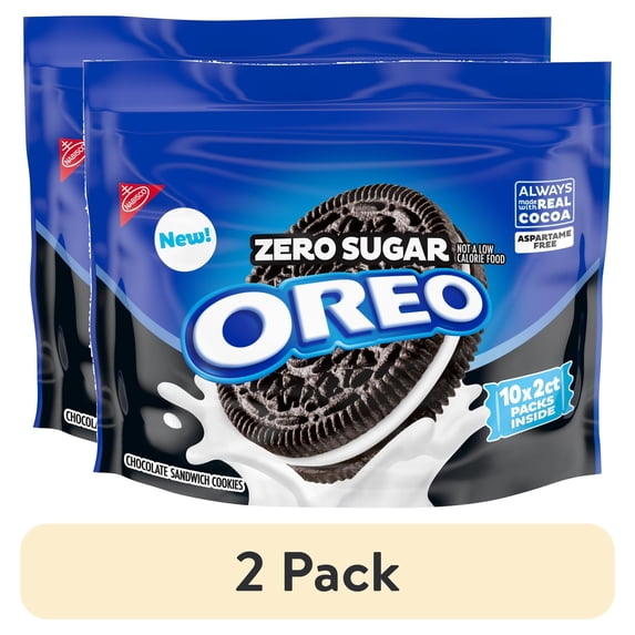 (2 pack) OREO Zero Sugar Chocolate Sandwich Cookies, 10 Snack Packs (2 Cookies Per Pack)
