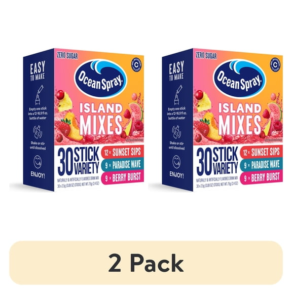 (2 pack) Ocean Spray Powder Drink Mix Variety Pack, Island Mix, Zero Sugar, 30 Sticks