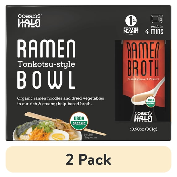 (2 pack) Ocean's Halo, Organic and Vegan Ramen Noodle Bowl, Packaged Meal, Shelf-Stable, Plant-Based, 10.90 oz.