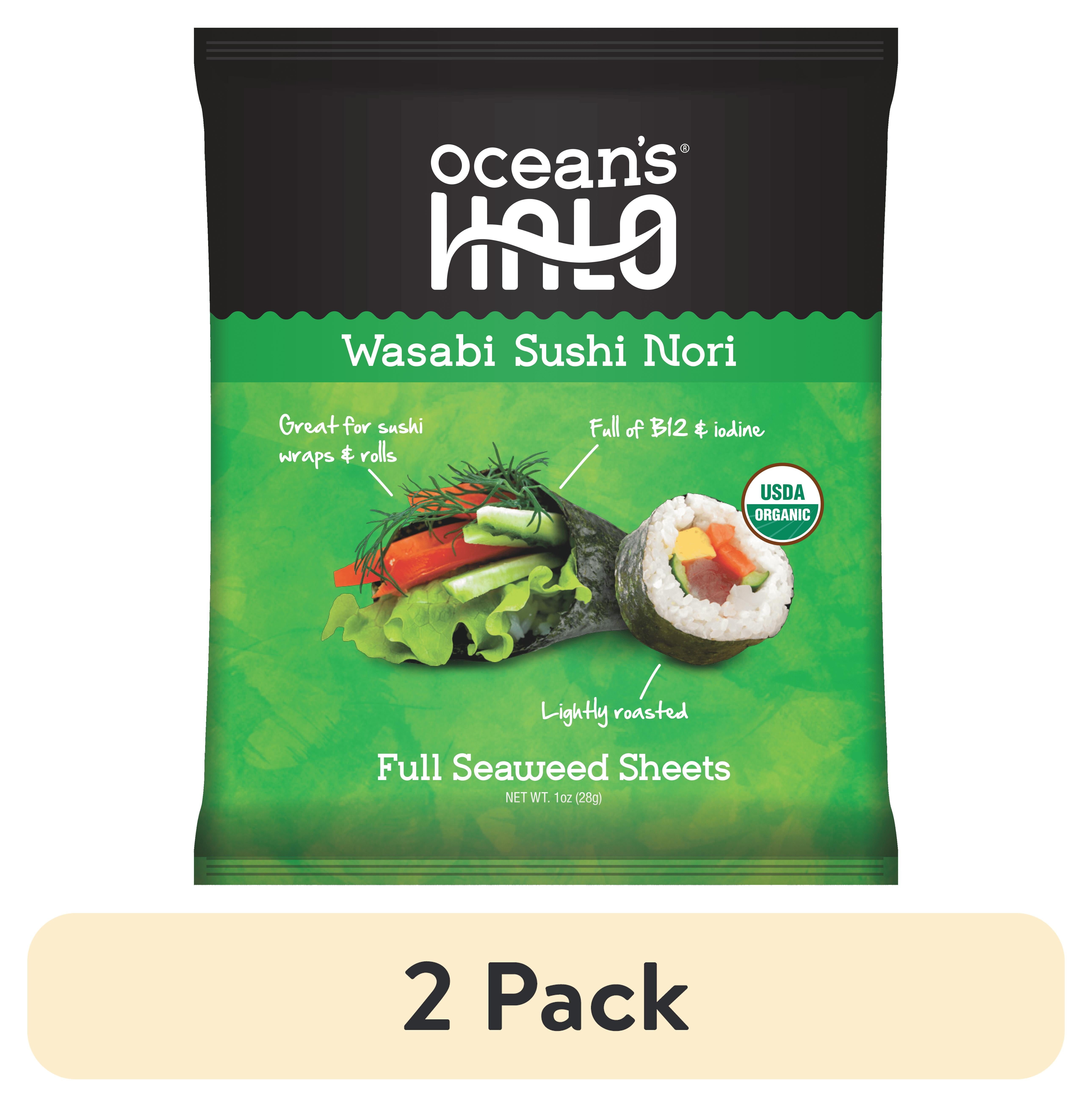 (2 pack) Ocean's Halo, Wasabi Sushi Nori Seaweed Sheets, Organic, Vegan, Shelf-Stable, Perfect Paper for Wraps, 10 per Pack, 1.4 oz.