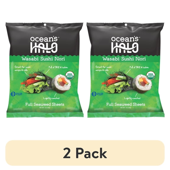(2 pack) Ocean's Halo, Wasabi Sushi Nori Seaweed Sheets, Organic, Vegan, Shelf-Stable, Perfect Paper for Wraps, 10 per Pack, 1.4 oz.