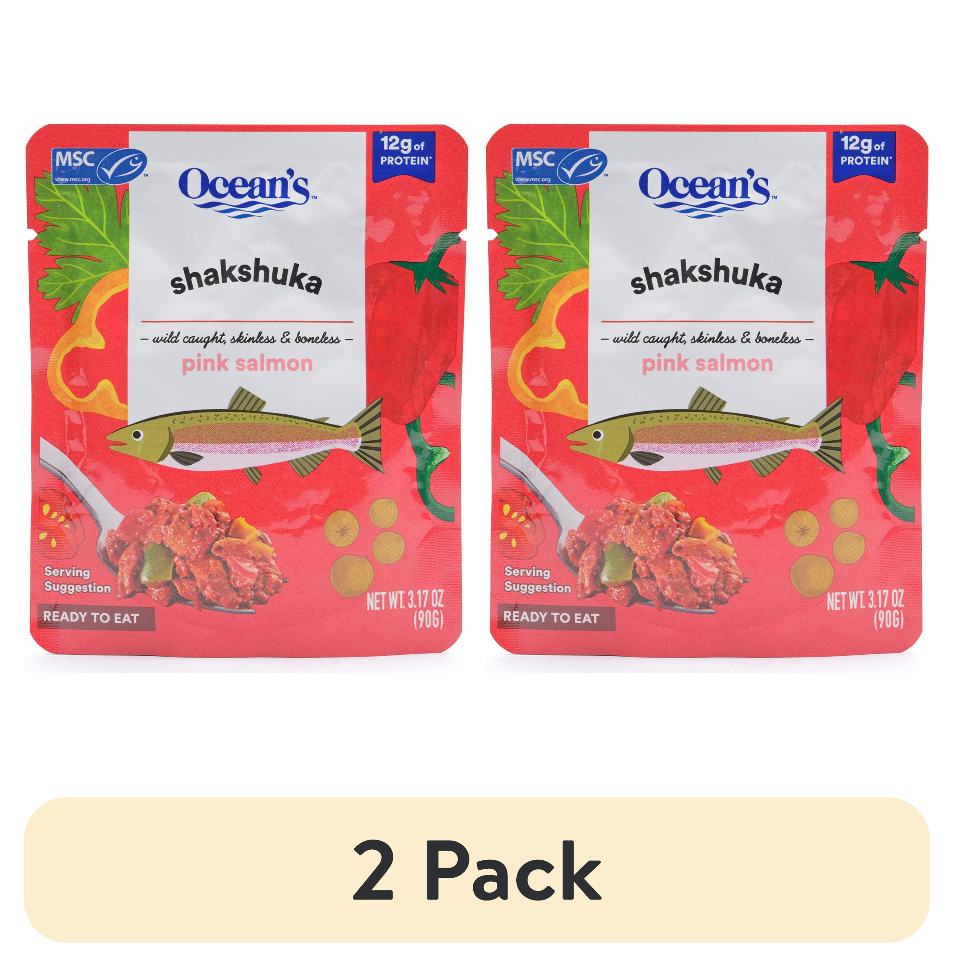 (2 pack) Ocean's Wild Alaskan Pink Salmon, Shakshuka, 12g Protein, Shelf-Stable, 3.17 oz Pouch