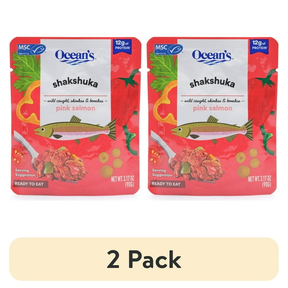 (2 pack) Ocean's Wild Alaskan Pink Salmon, Shakshuka, 12g Protein, Shelf-Stable, 3.17 oz Pouch