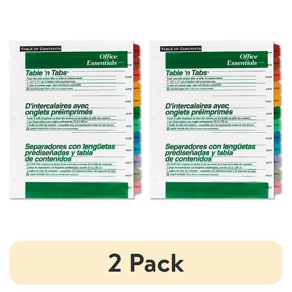 (2 pack) Office Essentials Table & Tabs Jan-Dec Dividers, 12-Tabs, White Body, Multicolored Tabs, 1 Binder Divider Set (11679)